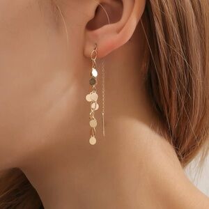 Gold Cascading Disc Earrings with Linear Drop Design